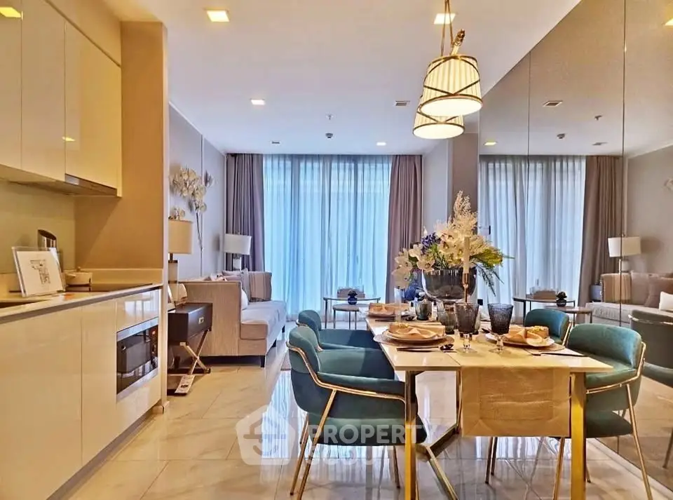 Luxurious open-plan living and dining area with elegant decor and natural light.