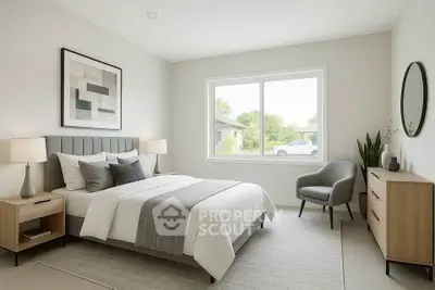 Modern bedroom with stylish decor and large window offering natural light.