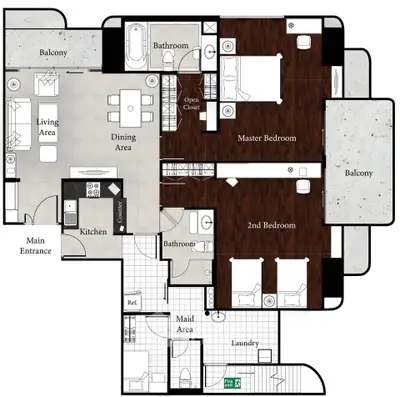Spacious modern apartment floor plan with two balconies and elegant interior layout.