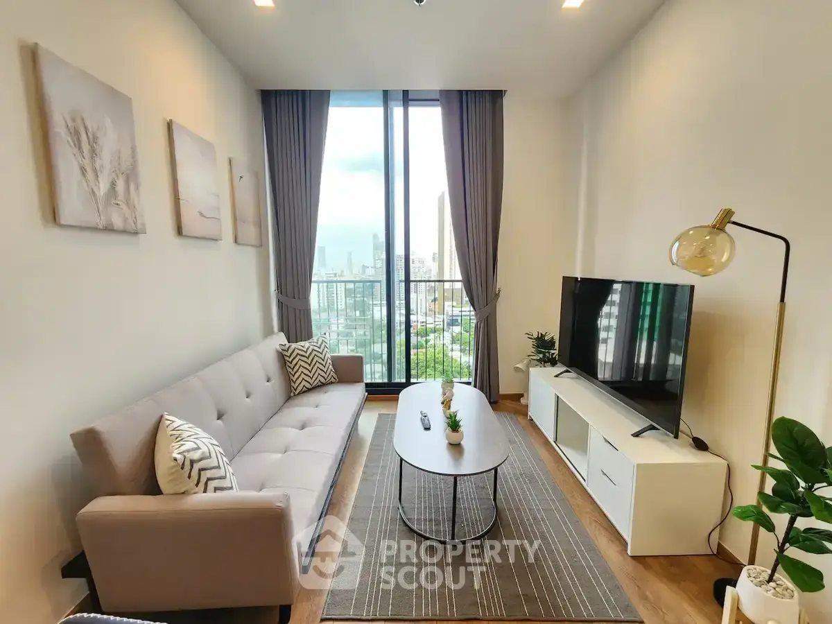 Modern living room with city view, stylish decor, and natural light.