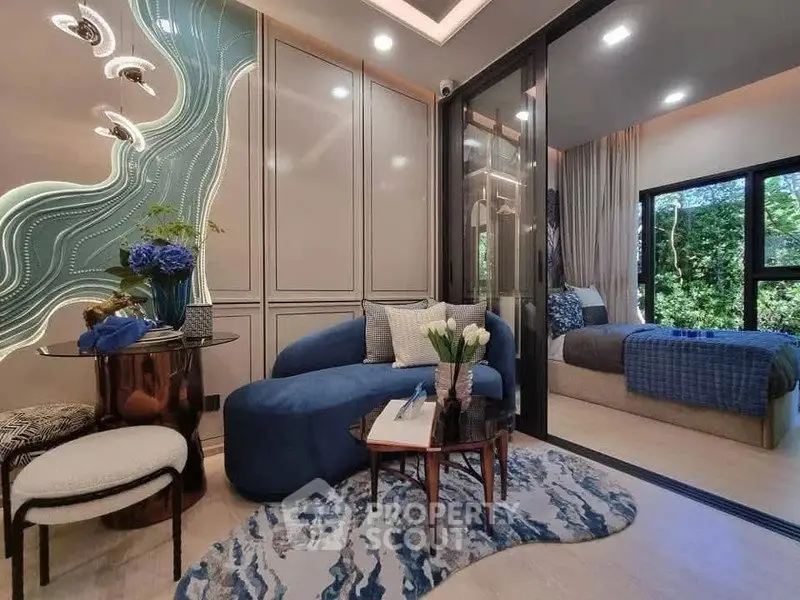 Luxurious modern living room with stylish decor and cozy bedroom view