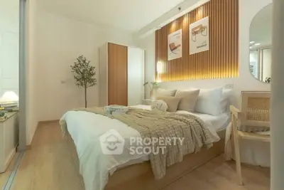 Modern bedroom with cozy decor, wooden accents, and ambient lighting for a relaxing atmosphere.