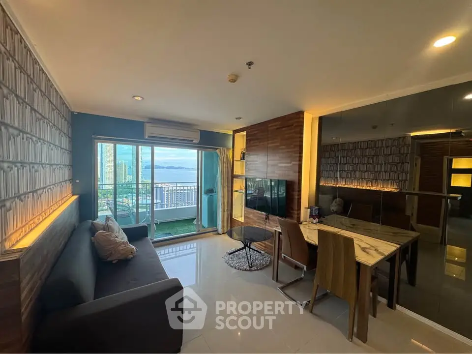 Modern living room with stunning city view and stylish decor