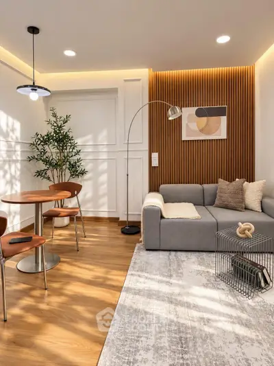 Modern living room with stylish decor and cozy seating area