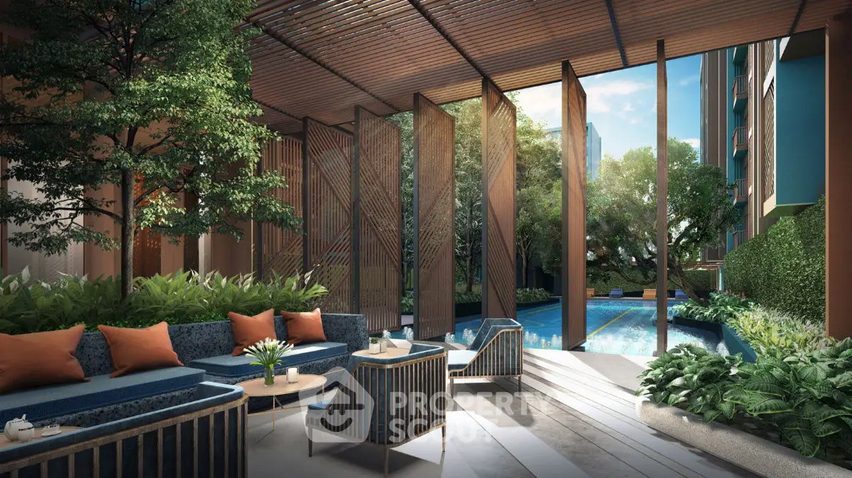Luxurious outdoor pool area with stylish seating and lush greenery