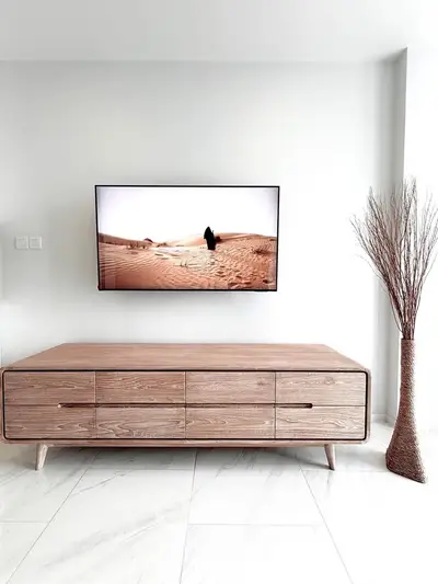 Modern living room with sleek TV stand and wall-mounted TV