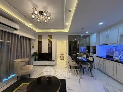 Luxurious modern living room with open kitchen, elegant lighting, and marble flooring