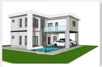 Modern architectural rendering of a two-story house with pool and carport, showcasing sleek design and spacious layout.