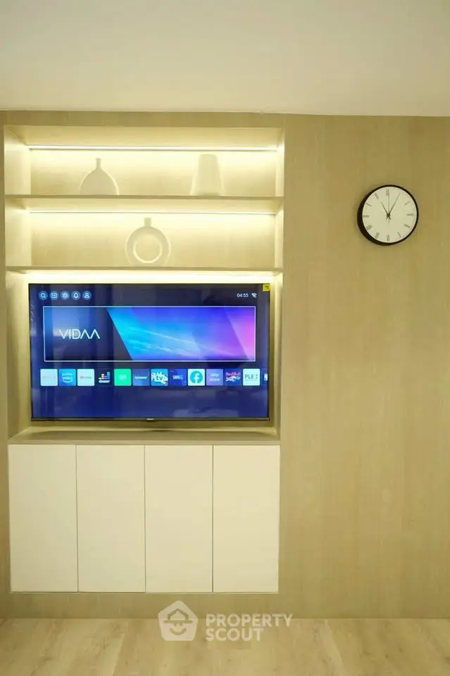 Modern living room with built-in TV and stylish shelving, perfect for entertainment and relaxation.