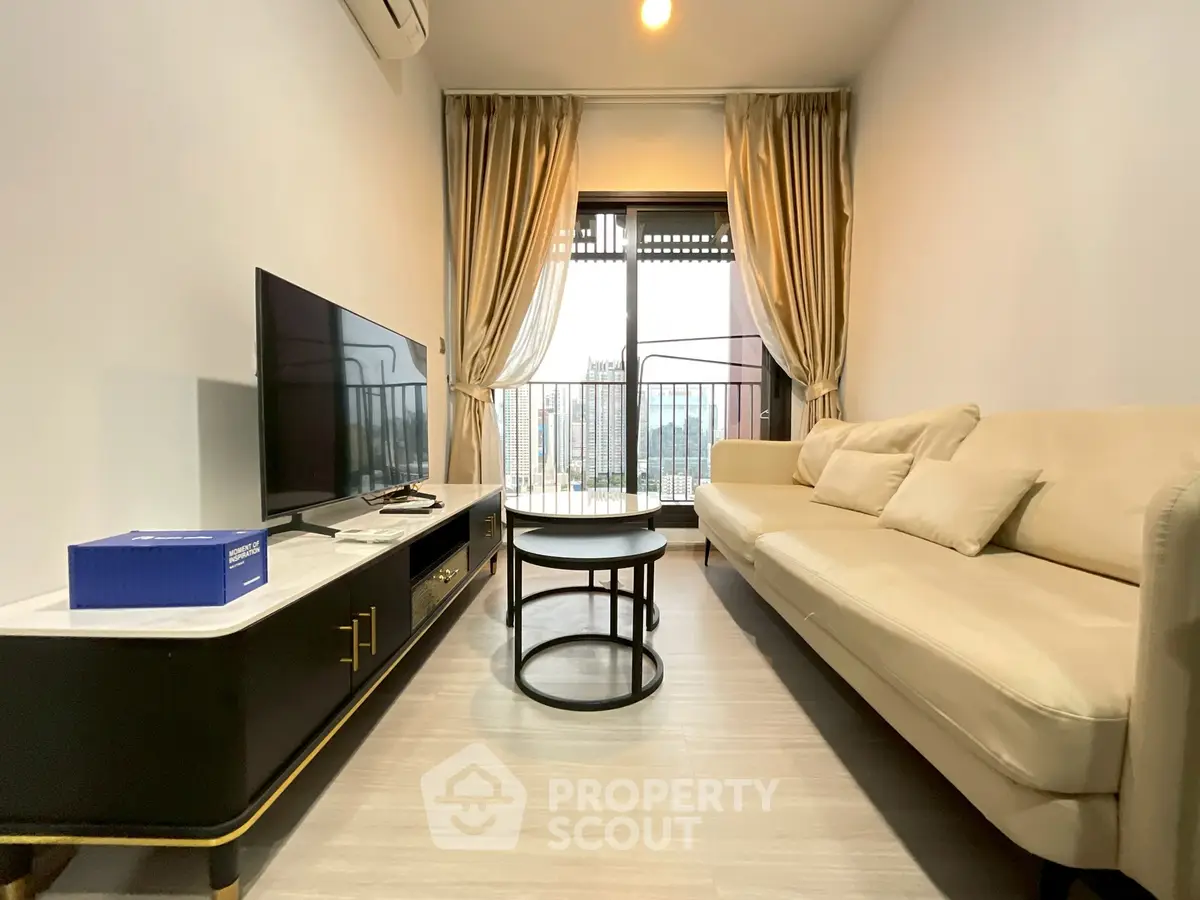 Modern living room with elegant sofa and city view balcony