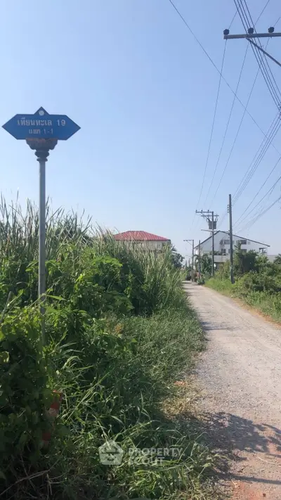 Scenic rural road with lush greenery and distant houses under clear blue sky.