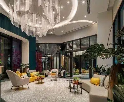 Luxurious modern living room with elegant chandelier and stylish furniture