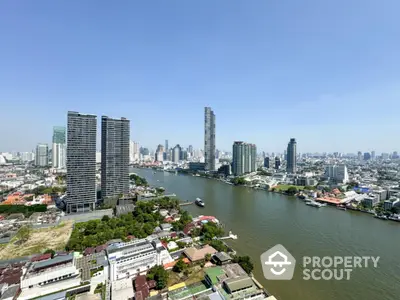 Stunning cityscape view of riverfront skyscrapers in vibrant urban setting