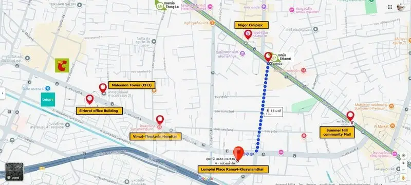 Map showing Lumpini Place Rama4-Kluaynamthai and nearby landmarks in vibrant city area.