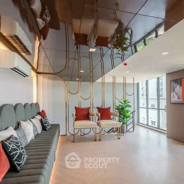 Luxurious modern living room with stylish decor and large windows