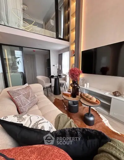 Luxurious modern living room with high ceilings and elegant decor