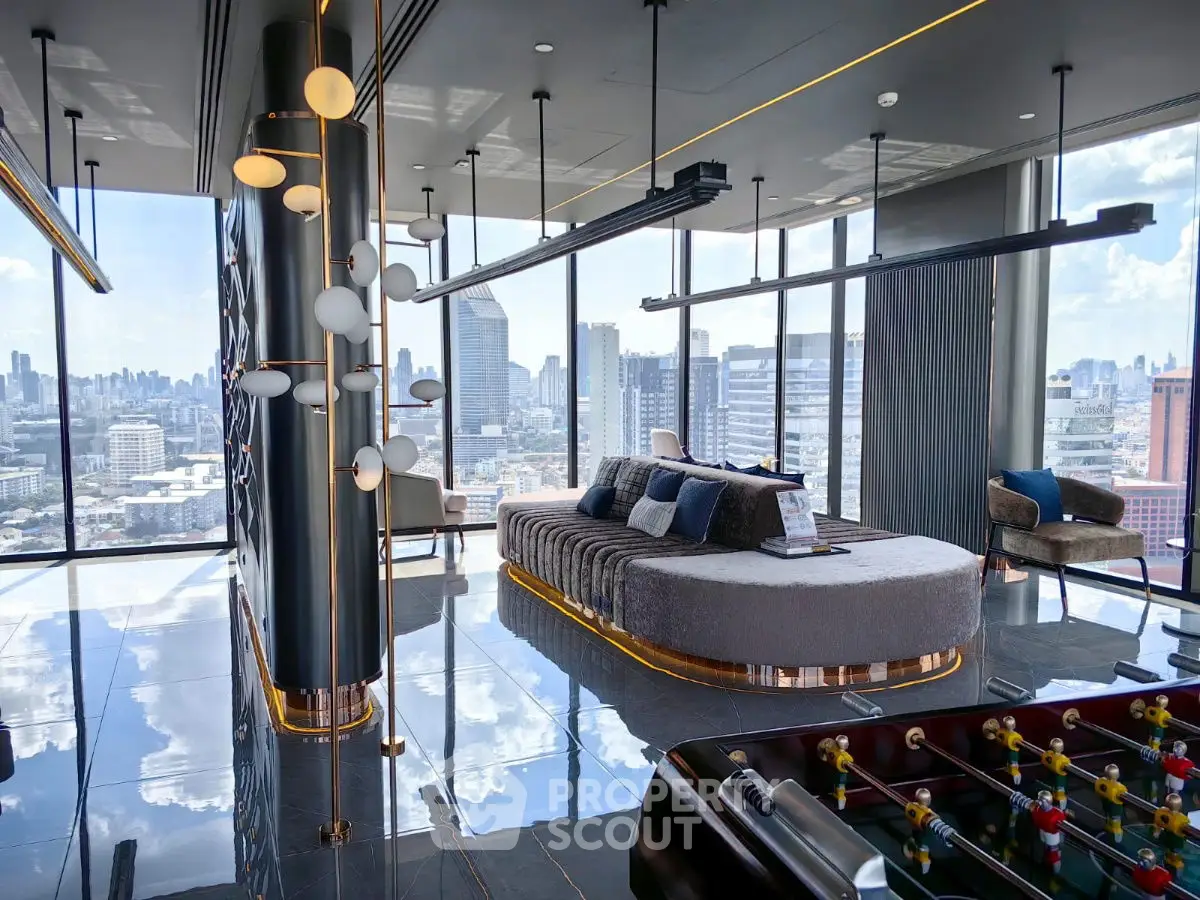Luxurious penthouse living room with panoramic city views and modern decor