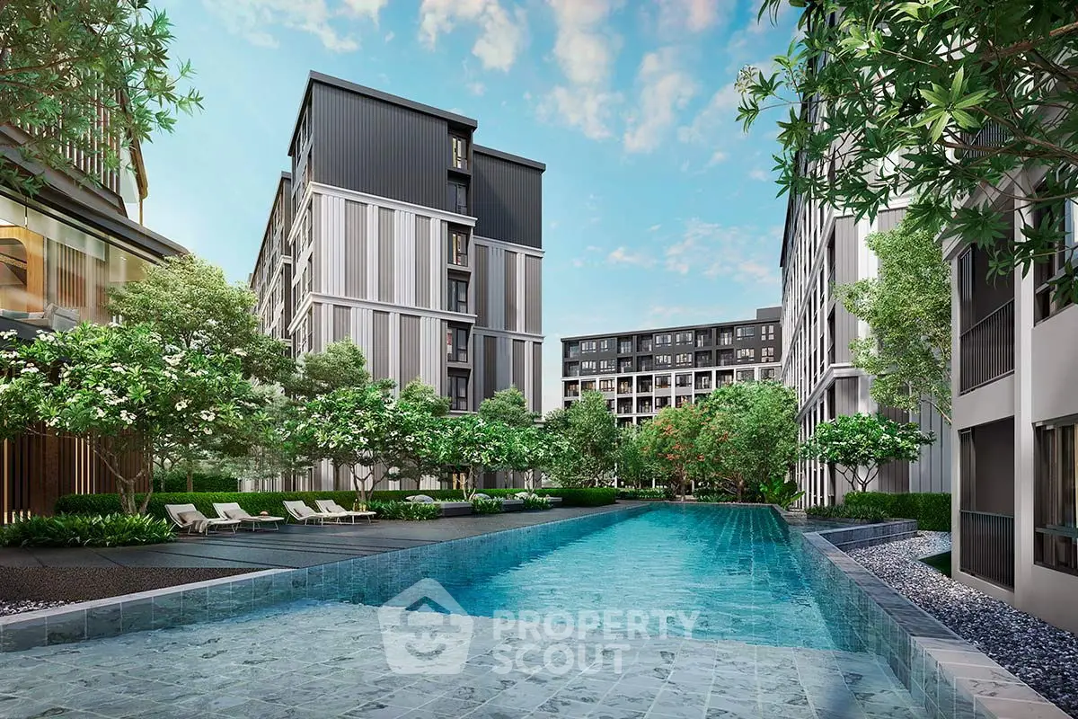 Luxurious residential complex with a stunning pool and lush greenery, perfect for modern living.