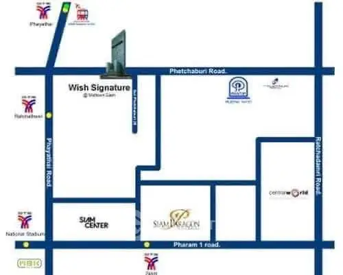 Map showing location of Wish Signature at Midtown Siam near shopping centers and main roads.