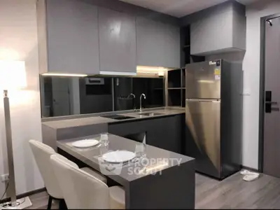 Modern kitchen with sleek gray cabinets and stainless steel appliances