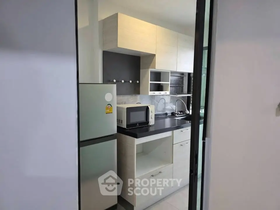 Modern compact kitchen with sleek cabinetry and appliances in a stylish apartment.