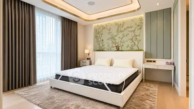 Luxurious bedroom with elegant decor and large window in modern apartment