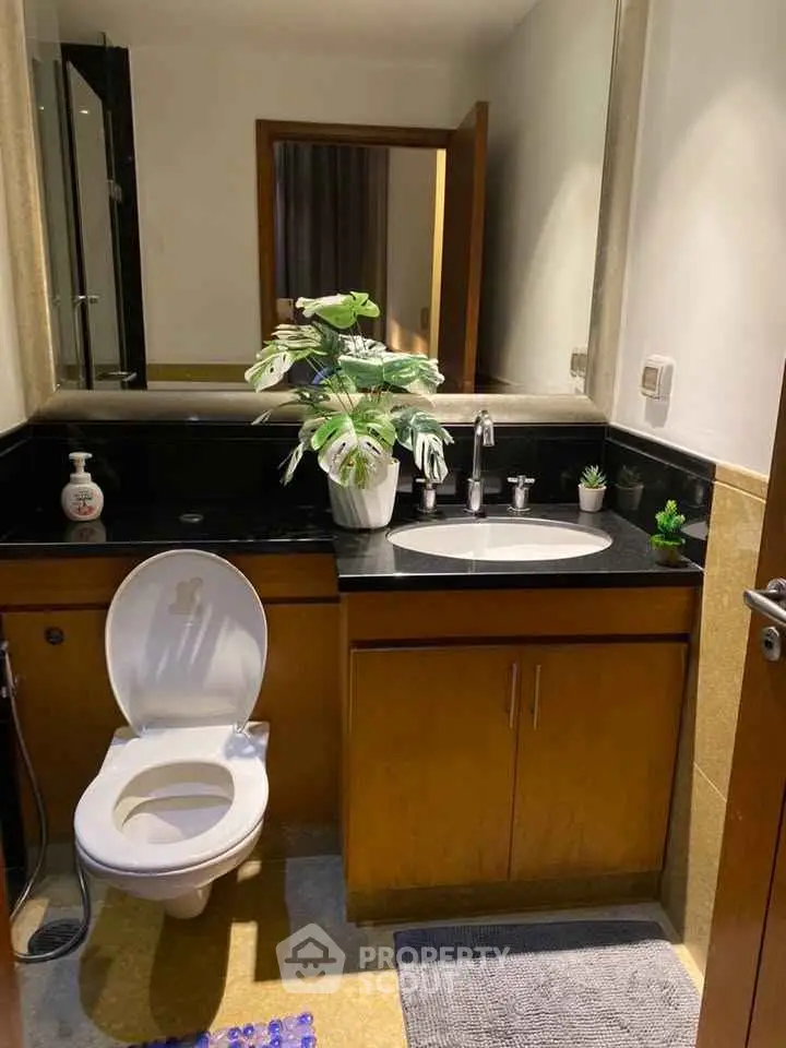 Modern bathroom with sleek black countertop and stylish fixtures