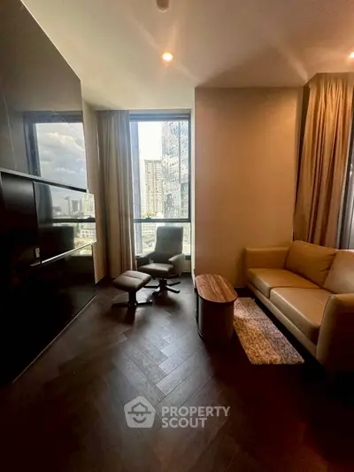 Modern living room with city view, sleek furniture, and floor-to-ceiling windows.
