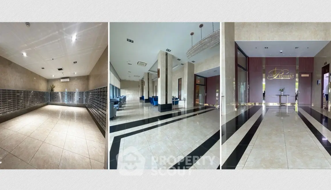 Luxurious building entrance with elegant tile flooring and modern lighting