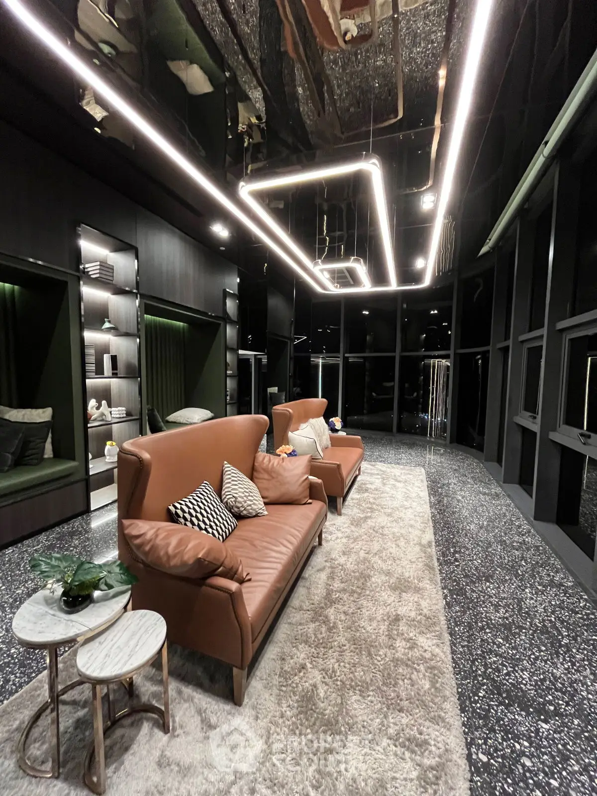 Luxurious modern living room with sleek design and elegant lighting
