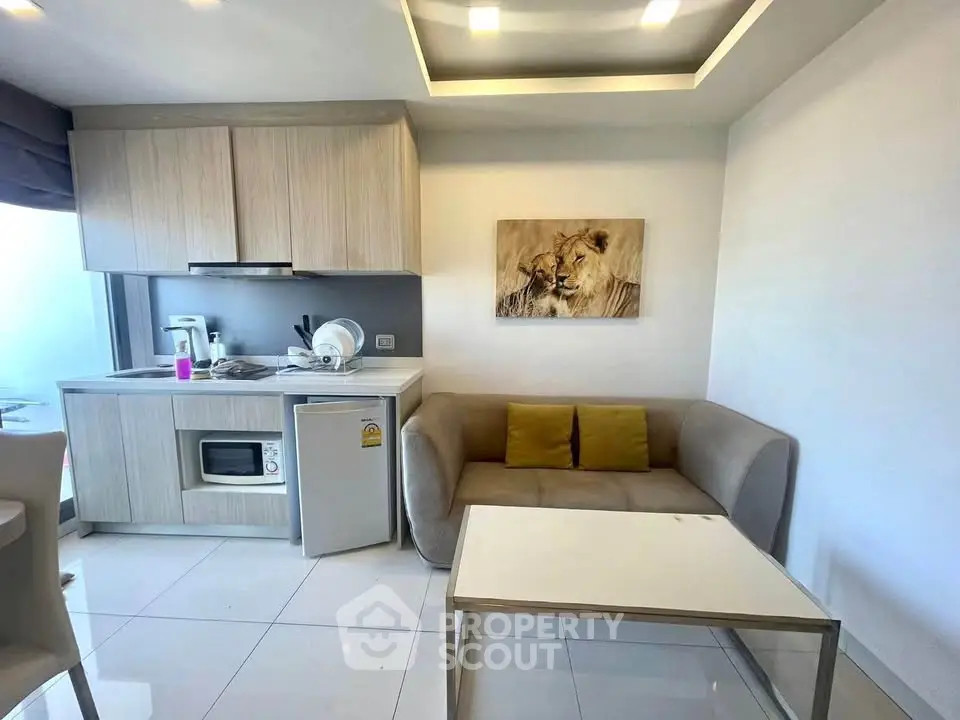 Modern compact living room with kitchenette, featuring sleek cabinetry and cozy seating area.