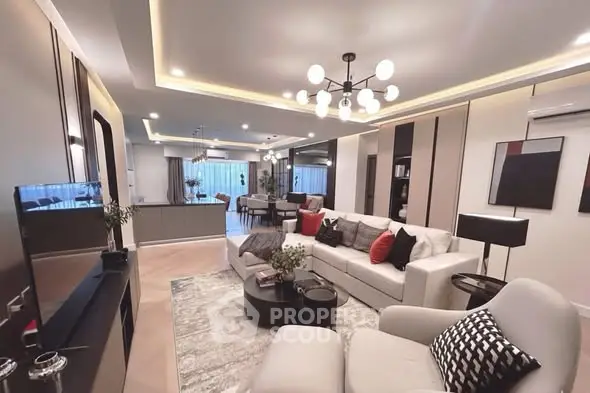 Luxurious modern living room with elegant decor and spacious layout