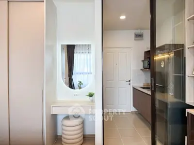 Modern apartment interior with stylish kitchen and cozy vanity area