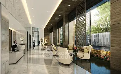 Luxurious building entrance with elegant seating and modern design