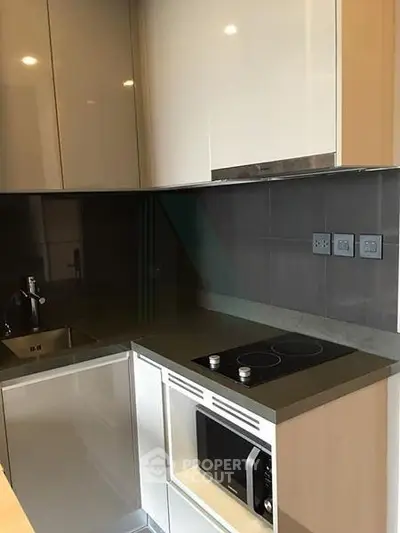 Modern kitchen with sleek cabinetry and built-in appliances in a contemporary apartment.