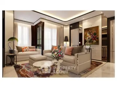 Luxurious living room with elegant decor and large windows, perfect for relaxation and entertaining.