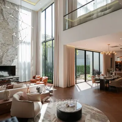 Luxurious modern living room with high ceilings and elegant decor
