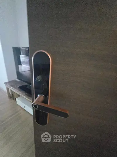 Modern interior door with sleek handle and glimpse of living room