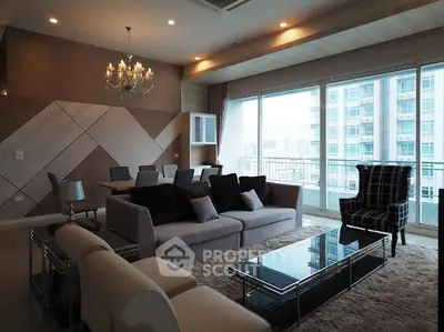Luxurious living room with elegant decor and stunning city view