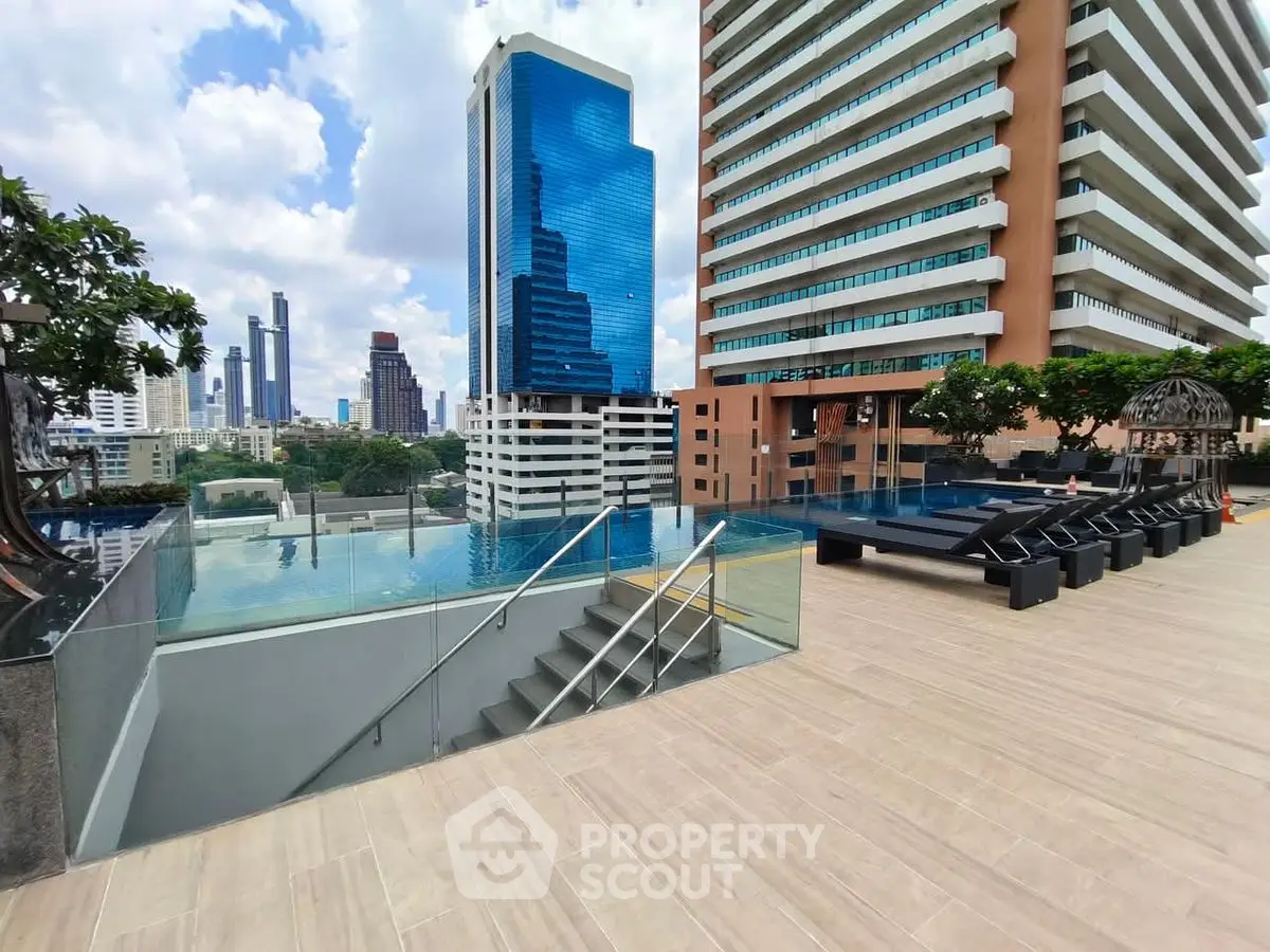 Luxurious rooftop pool with stunning city skyline views and modern lounge area.