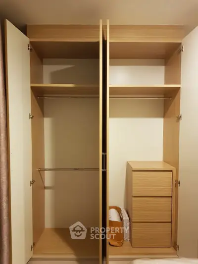 Spacious wooden wardrobe with ample storage and hanging space in modern interior.