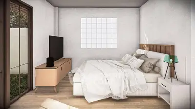 Modern bedroom with stylish decor and large window overlooking garden