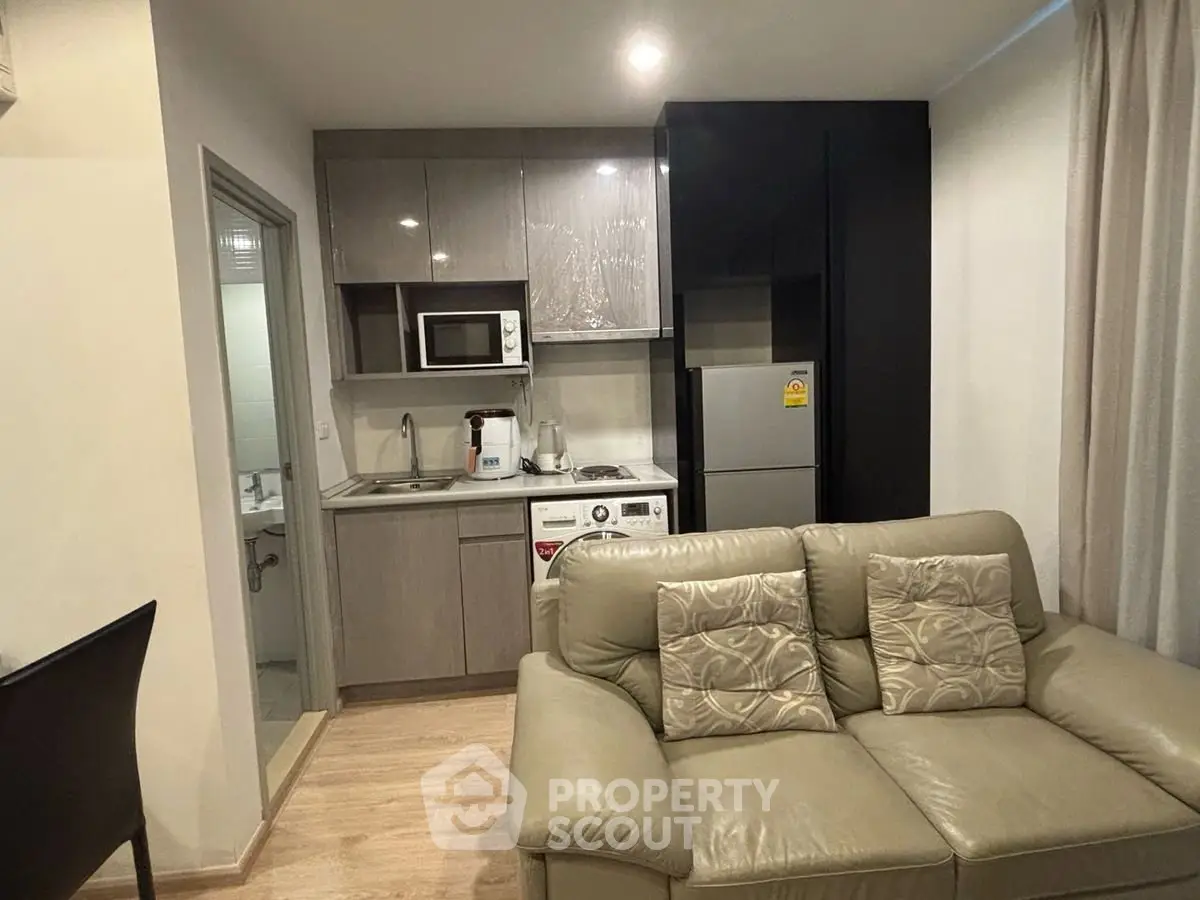 Modern compact kitchen with appliances and cozy living area in stylish apartment.