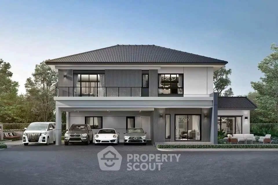 Modern two-story house with multiple car garage and sleek design