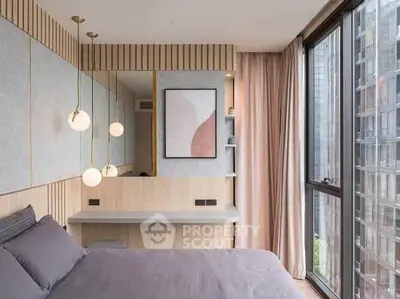 Modern bedroom with large window and stylish decor in urban apartment