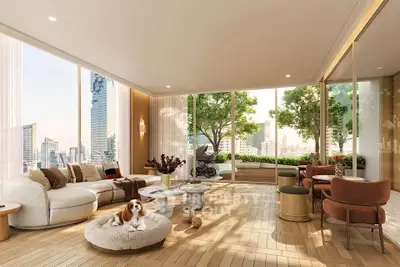 Luxurious living room with panoramic city views and elegant modern furnishings.