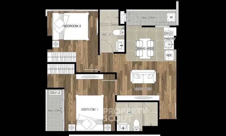 Modern apartment floor plan with two bedrooms, dining area, and balconies.