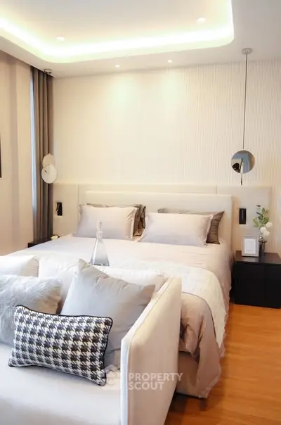 Luxurious modern bedroom with elegant decor and ambient lighting