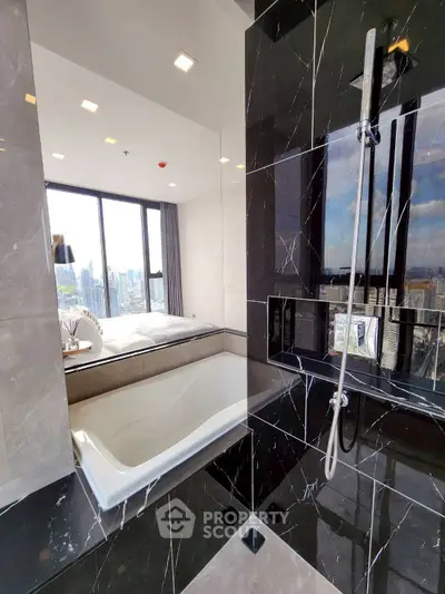 Luxurious bathroom with city view and modern black marble design