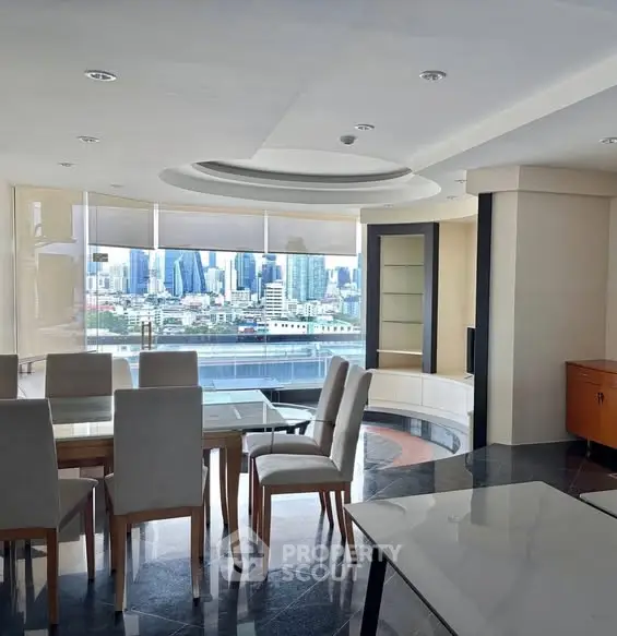 Spacious dining area with city view in modern apartment